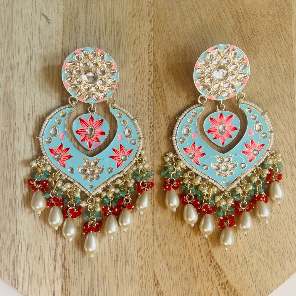 NWT Elegant Floral Printed Blue and Pink Statement Indian Earrings💖✨